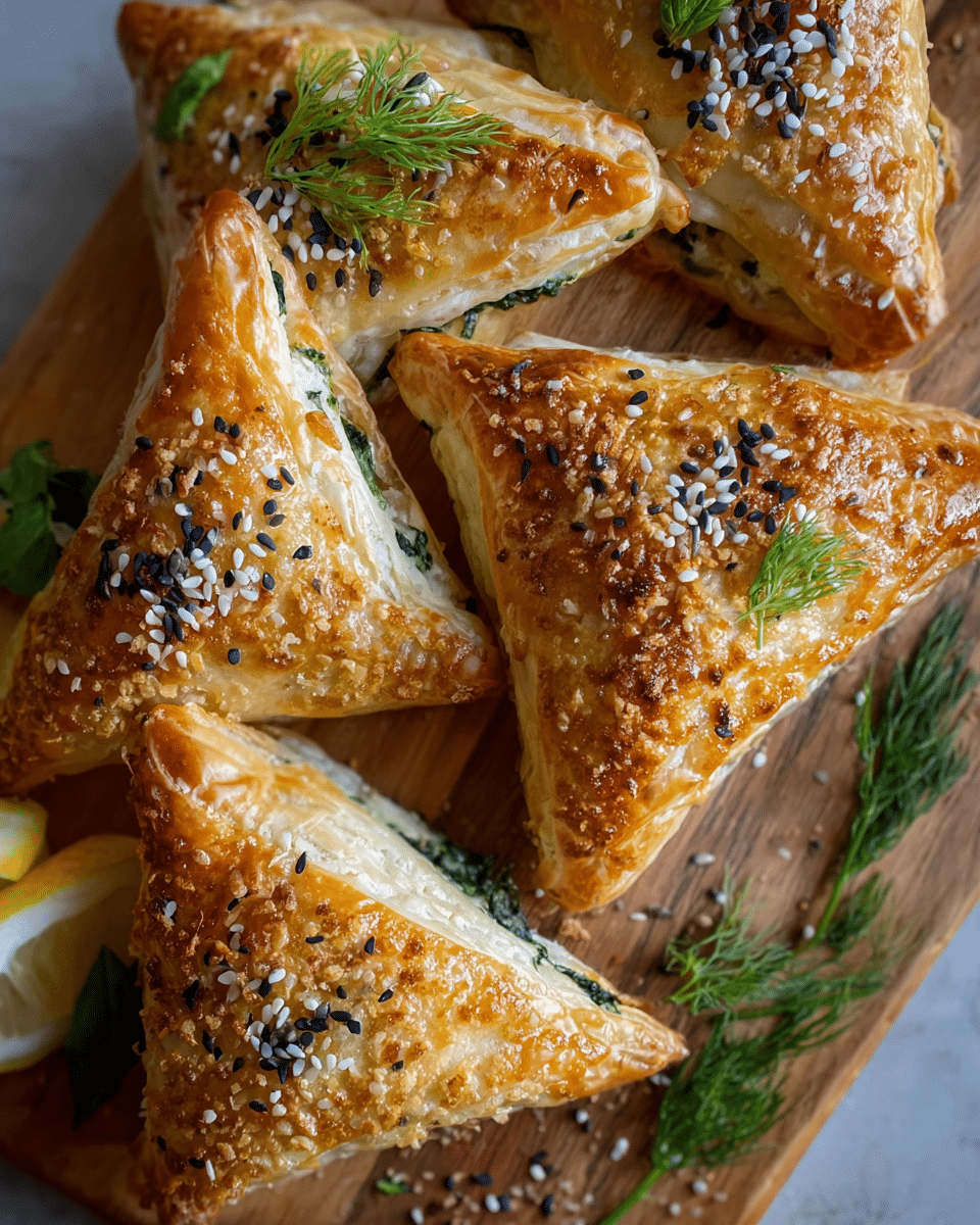 Freshly baked spinach feta triangles on a serving platter with lemon wedges